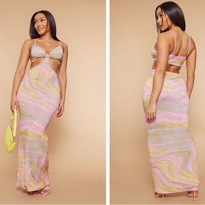 PLT Shape Pink Marble Printed Slinky Cut Out Maxi Dress